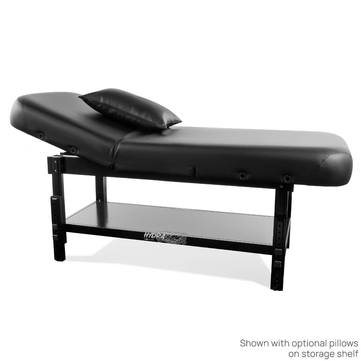 EarthLite HYDRA Tattoo Table: black, hardwood frame, adjustable backrest, pillow, storage shelf.
