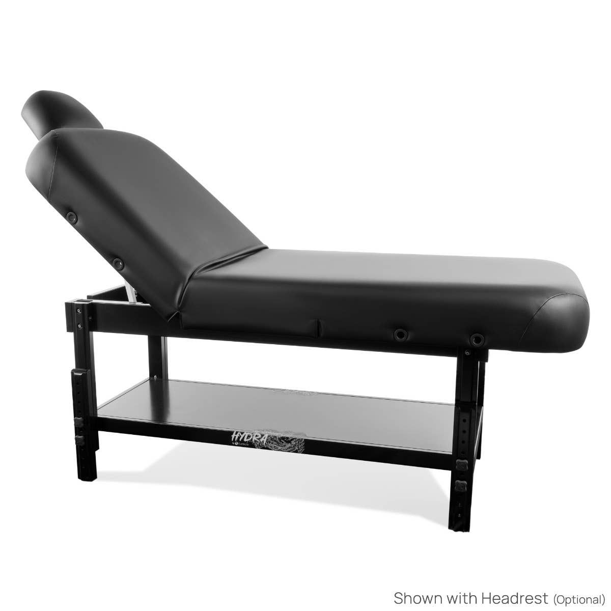 EarthLite HYDRA Tattoo Table: black, headrest, manual height adjust, lower storage shelf.