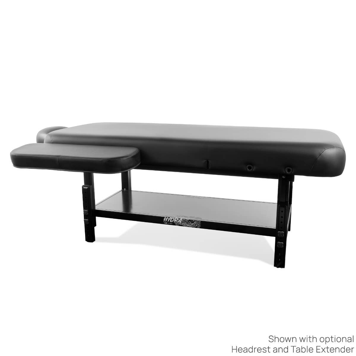 EarthLite HYDRA Tattoo Table: black, padded, manual height adjustable, hardwood frame, headrest.