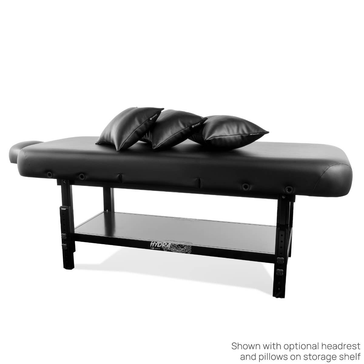EarthLite HYDRA Stationary Tattoo Table: black with hardwood frame, 3 pillows, lower shelf.