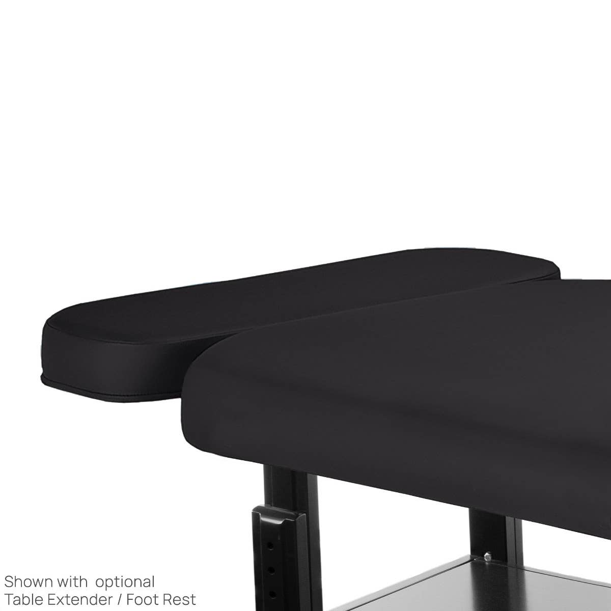 EarthLite HYDRA black padded footrest for stationary tattoo table with hardwood frame.