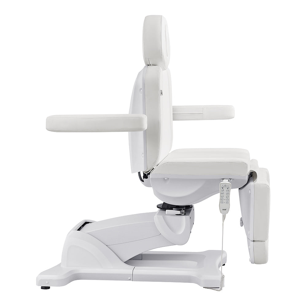 Side view of DIR Pavo FACIAL Beauty Bed & Chair in White, fully electric with 4 motors and remote.