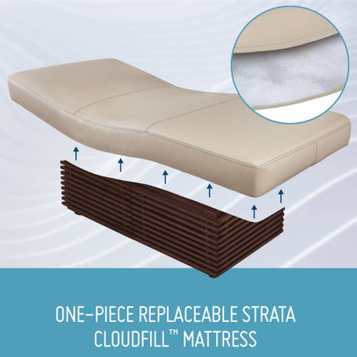 Living Earth Crafts INSIGNIA 2.0 Table with a replaceable Strata Cloudfill mattress cross-section.