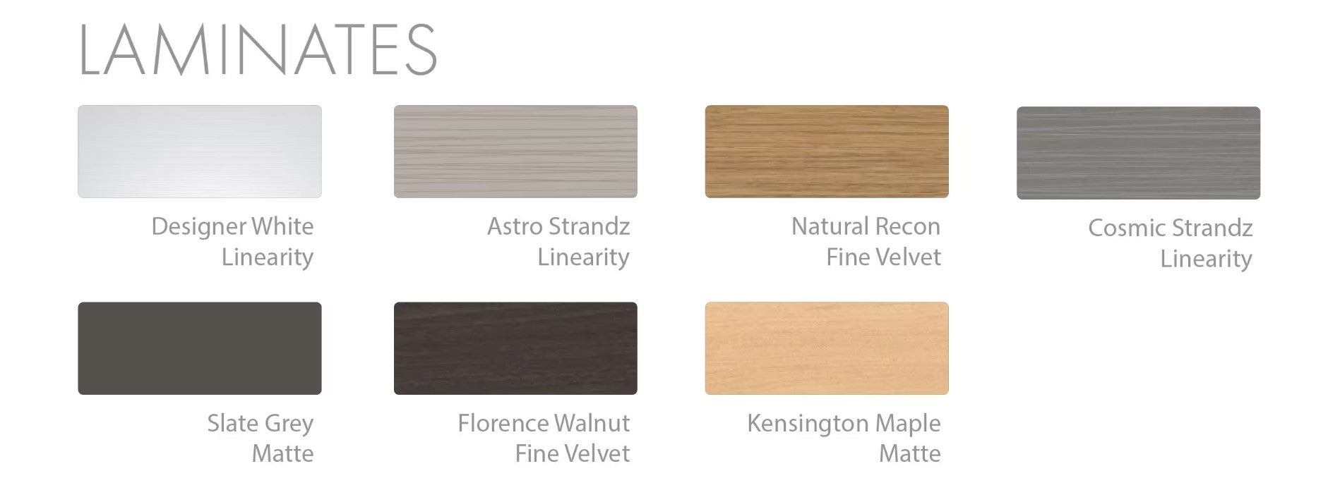 Eight laminate color samples for the Oakworks Prema E-nvi Flat Top Electric Spa Table, labeled clearly.