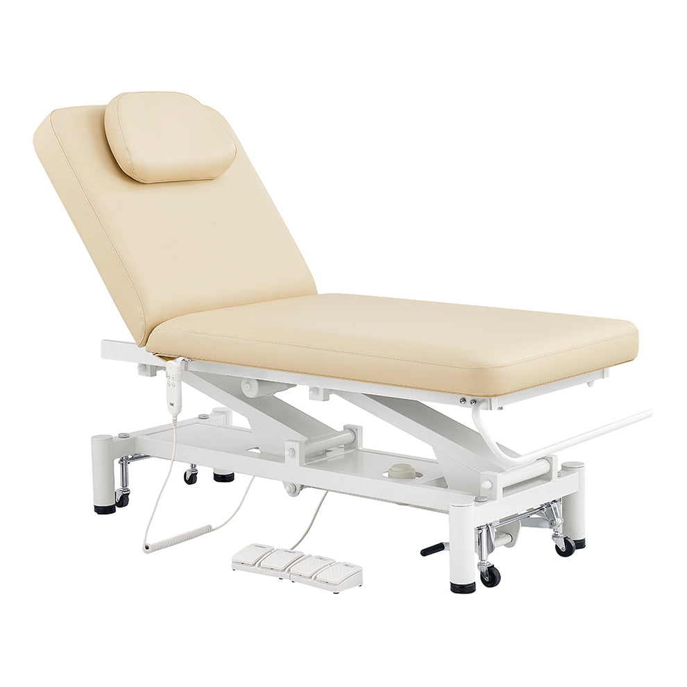 DIR Mar Egeo 2-Motors beige electric spa treatment bed with headrest and foot pedals.