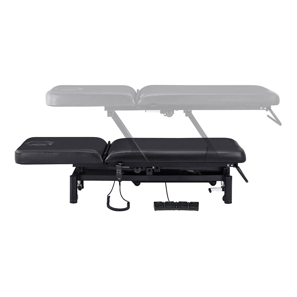 The DIR Mar Egeo 2-motors bed is shown in black, flat and inclined for spa or medical use.