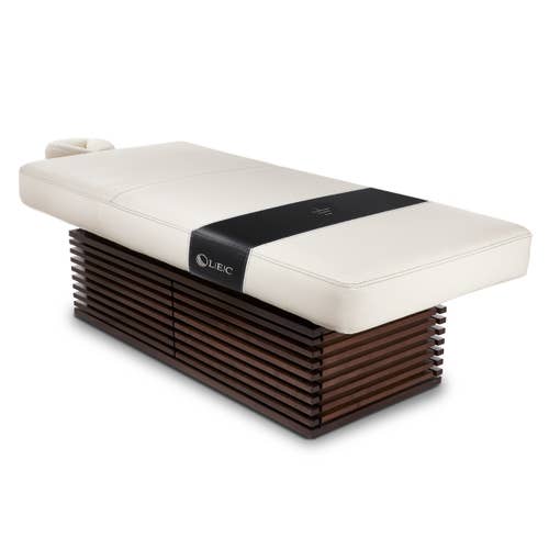 Living Earth Crafts INSIGNIA 2.0 modern treatment table with white cushion and dark wood base.