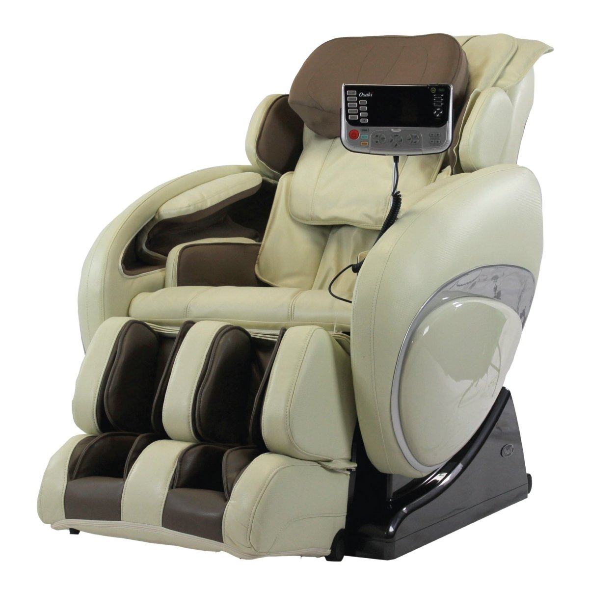 Osaki OS-4000T massage chair in beige and brown with zero gravity recline and extra cushions.