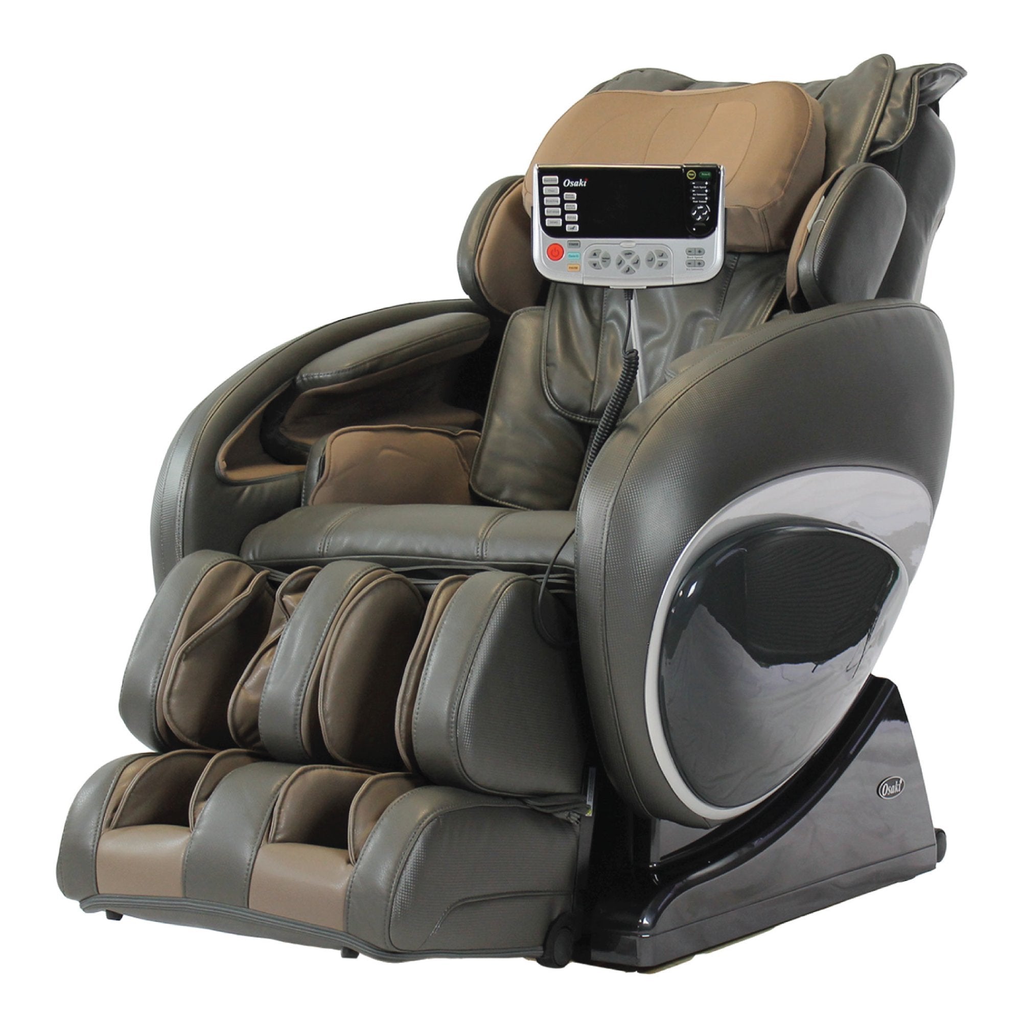 Osaki OS-4000T large black/brown massage chair with built-in controls and foot rests.