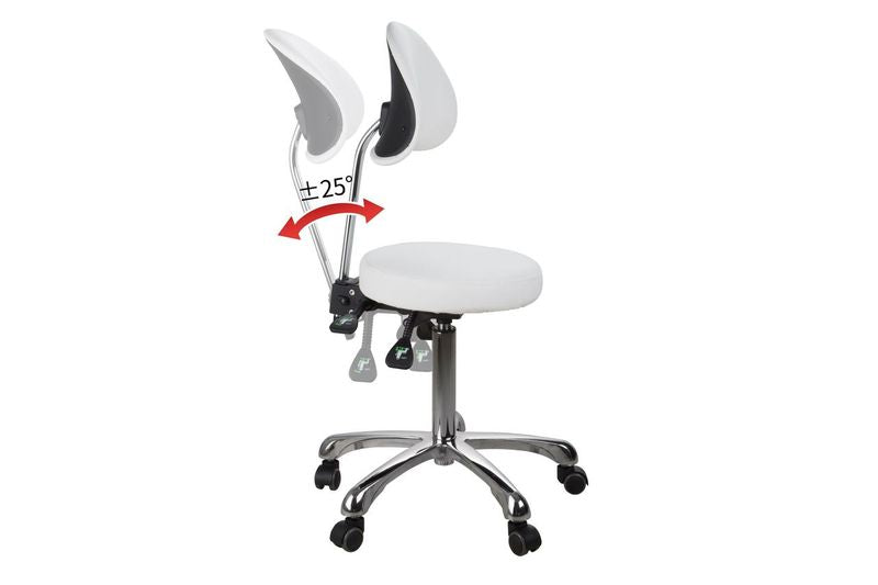 Silverfox America 1025B Stool: Split backrest, 25° adjust, rolling base.