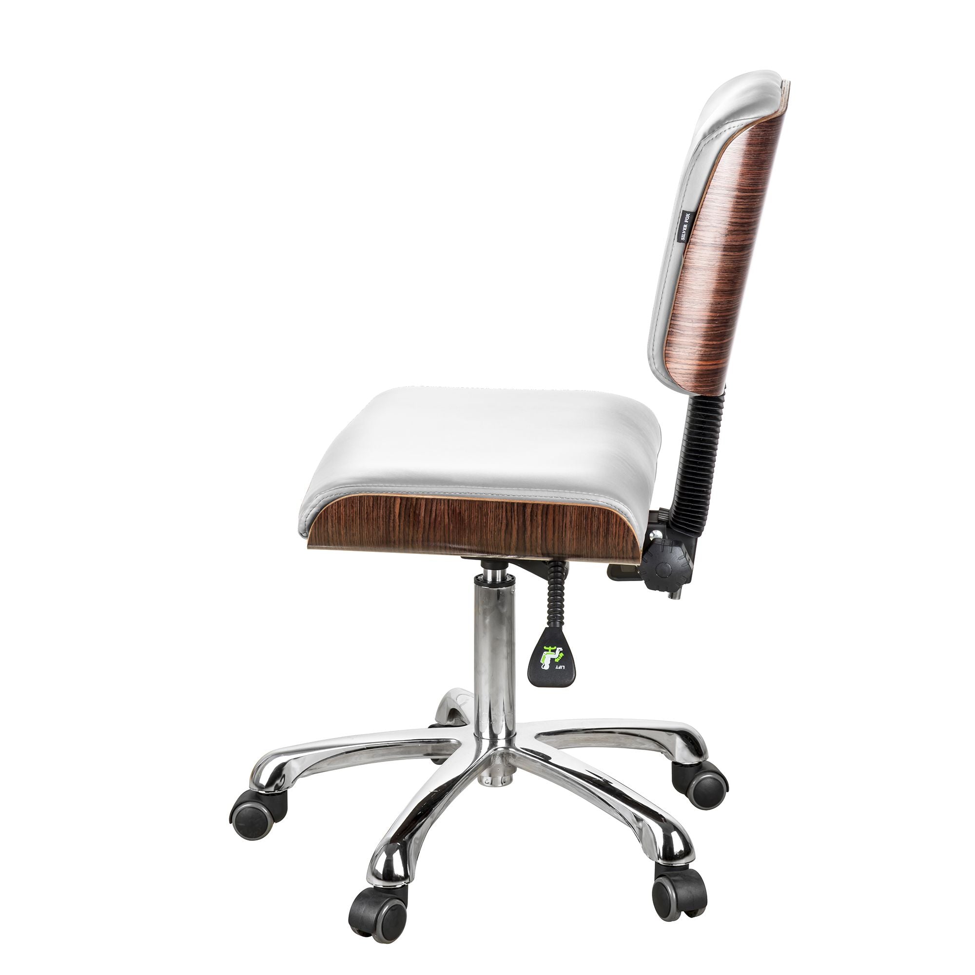 Side view of the Silverfox America 1071 Stool, a professional stool with chrome and wood accents.
