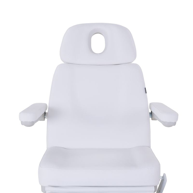 Front view of Silverfox America 2246BN white electric massage chair with adjustable armrests.