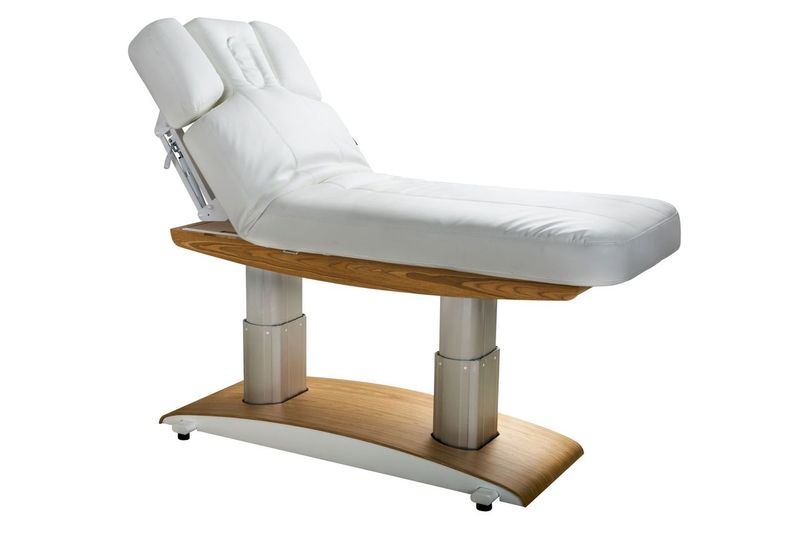 Silverfox America 2259Plus electric massage table with padded top, wood base, adjustable backrest.
