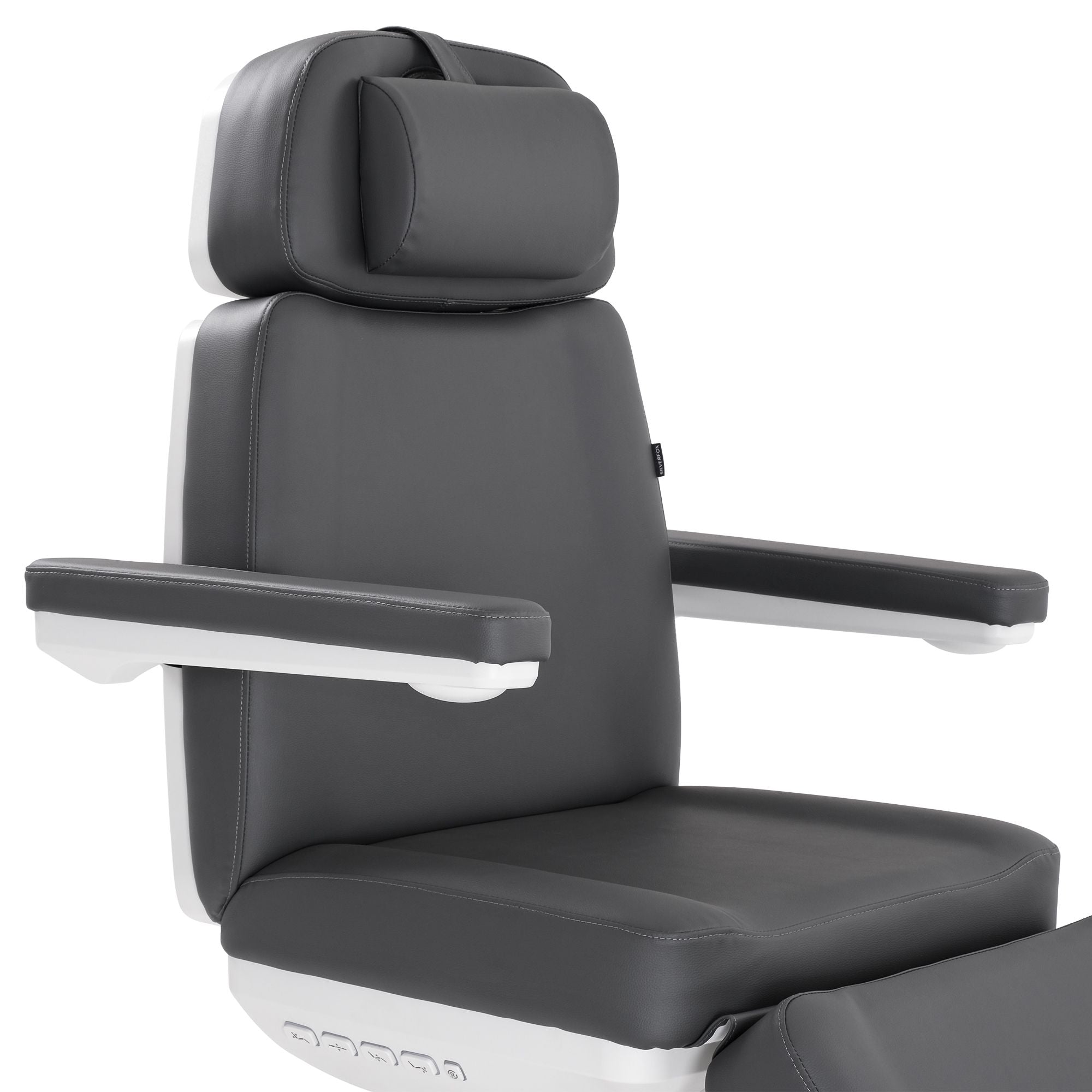 Gray cushioned Silverfox America 2222BN electric massage table with adjustable arms and headrest.
