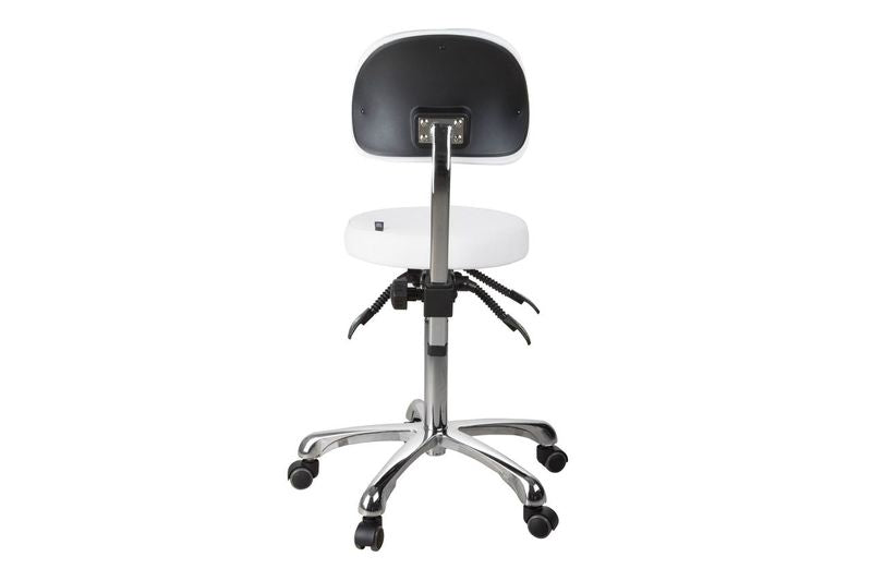 Silverfox America 1025B Stool—ergonomic design with white seat, shown from the rear.