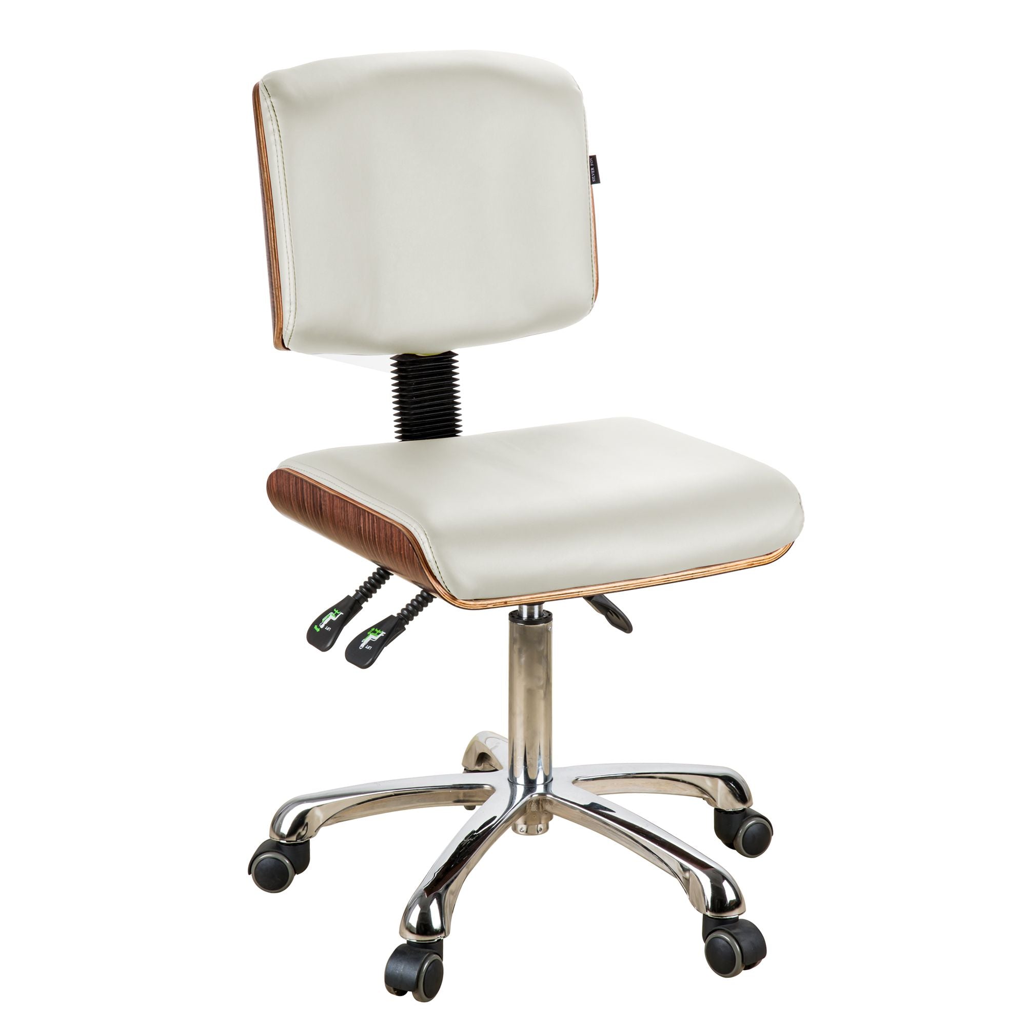 Silverfox America 1071 Stool: cushioned, adjustable, metal base, casters.