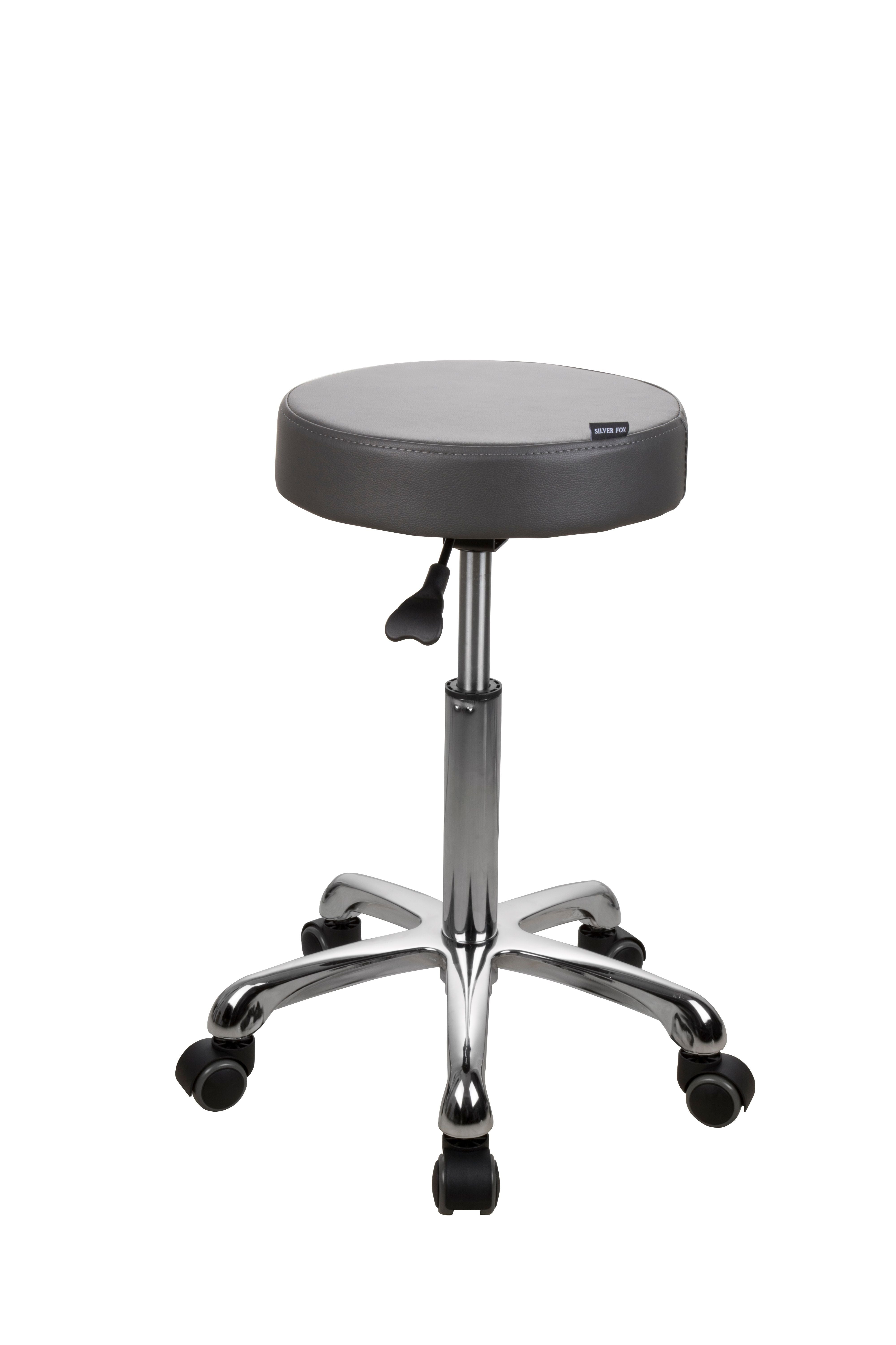 Gray, round Silverfox America 1023A Stool with chrome base and five wheels.