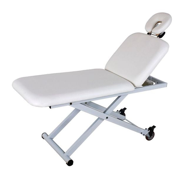 Silverfox America 2210A Electric Massage Table, white, adjustable with headrest and wheels.