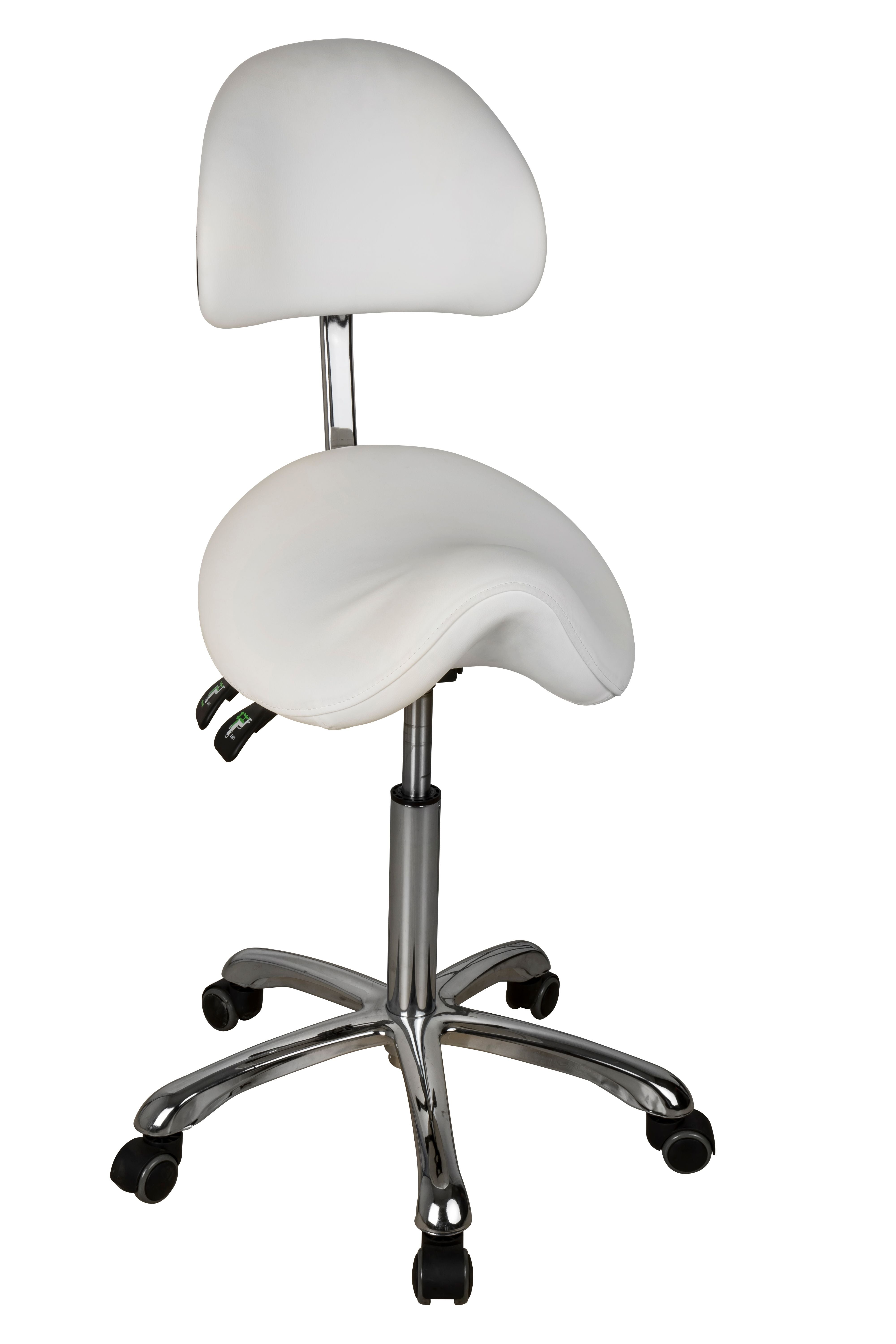 Silverfox America 1025A Stool: ergonomic white chair with chrome base, curved seat and backrest.