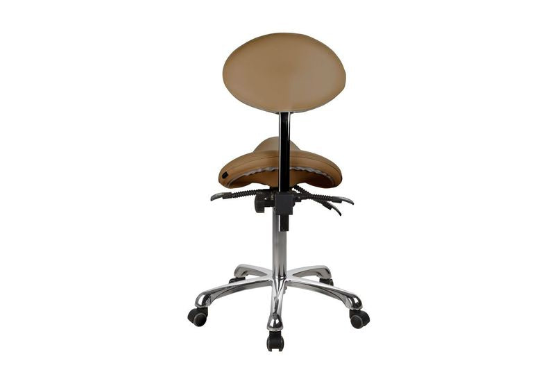 Silverfox America 1025 Stool, ergonomic saddle seat with backrest and five wheels, rear view.