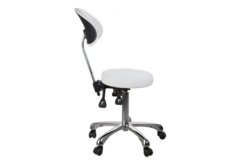 Silverfox America 1025B ergonomic white stool with backrest and chrome wheeled base, side view.