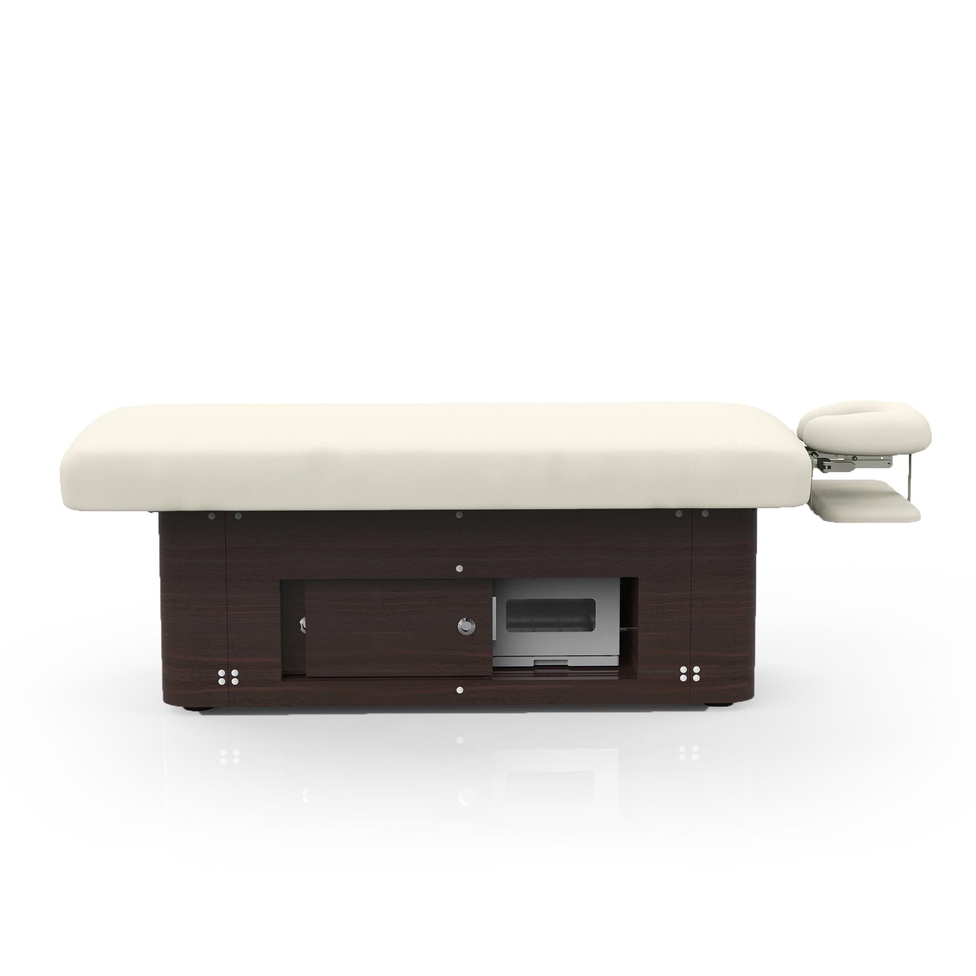 Silverfox America 2285B Electric Massage Table with cream cushion, dark wood, storage, headrest.