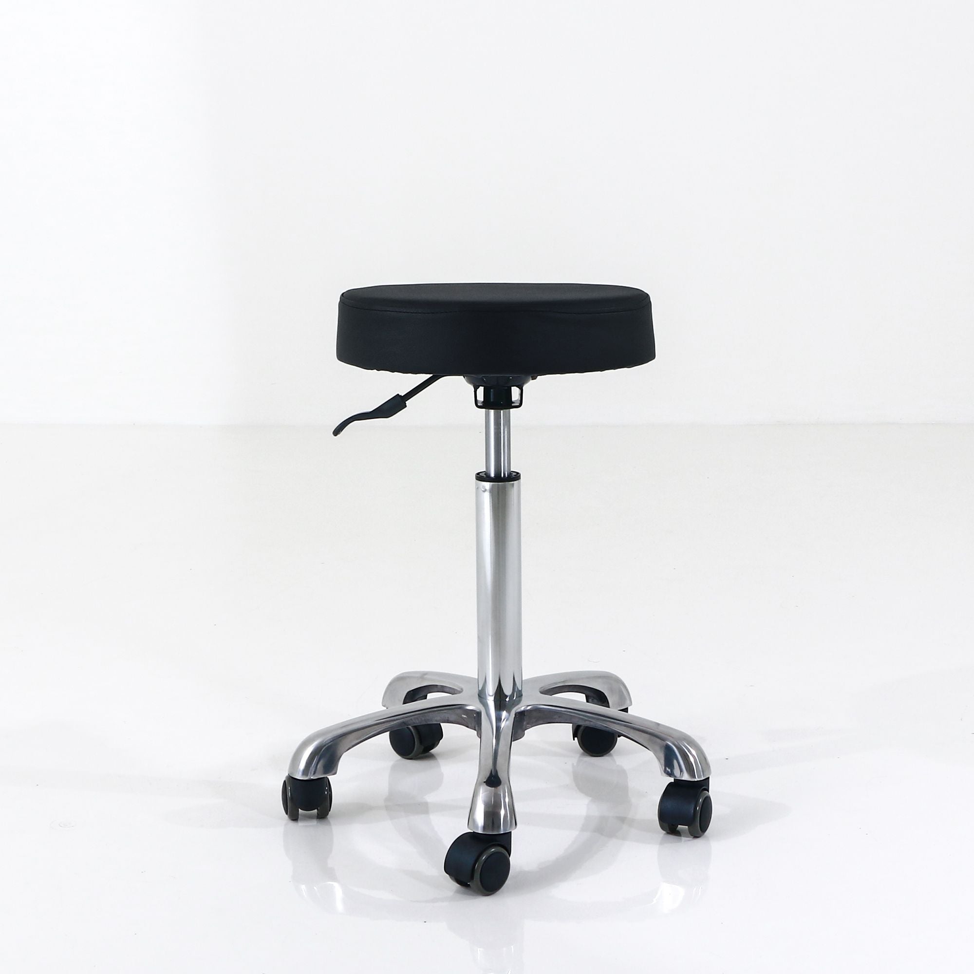 The Silverfox America 1023A Stool is black, ergonomic, with wheels and a metal base.
