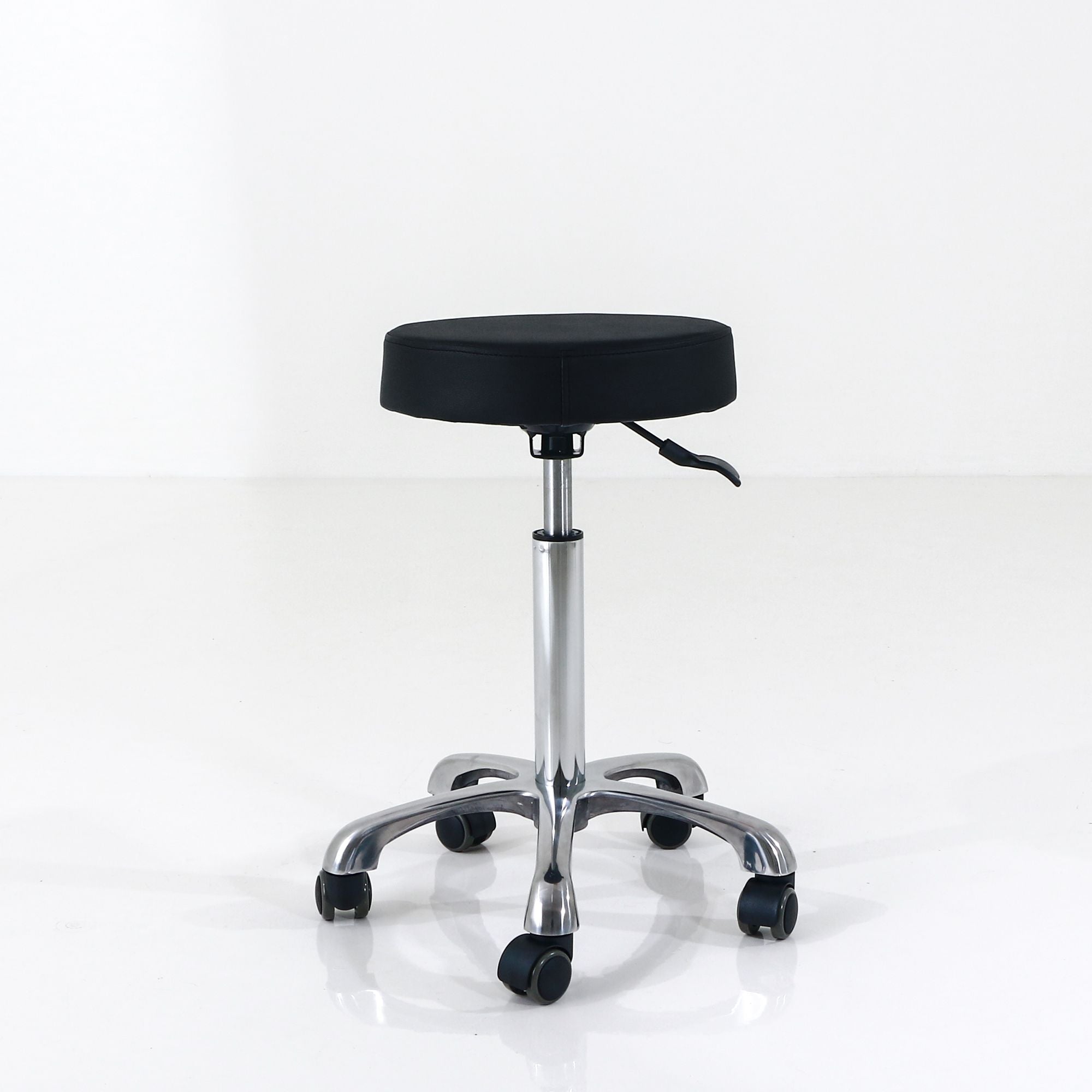 Silverfox America 1023A black ergonomic salon stool with wheels and a metal base.
