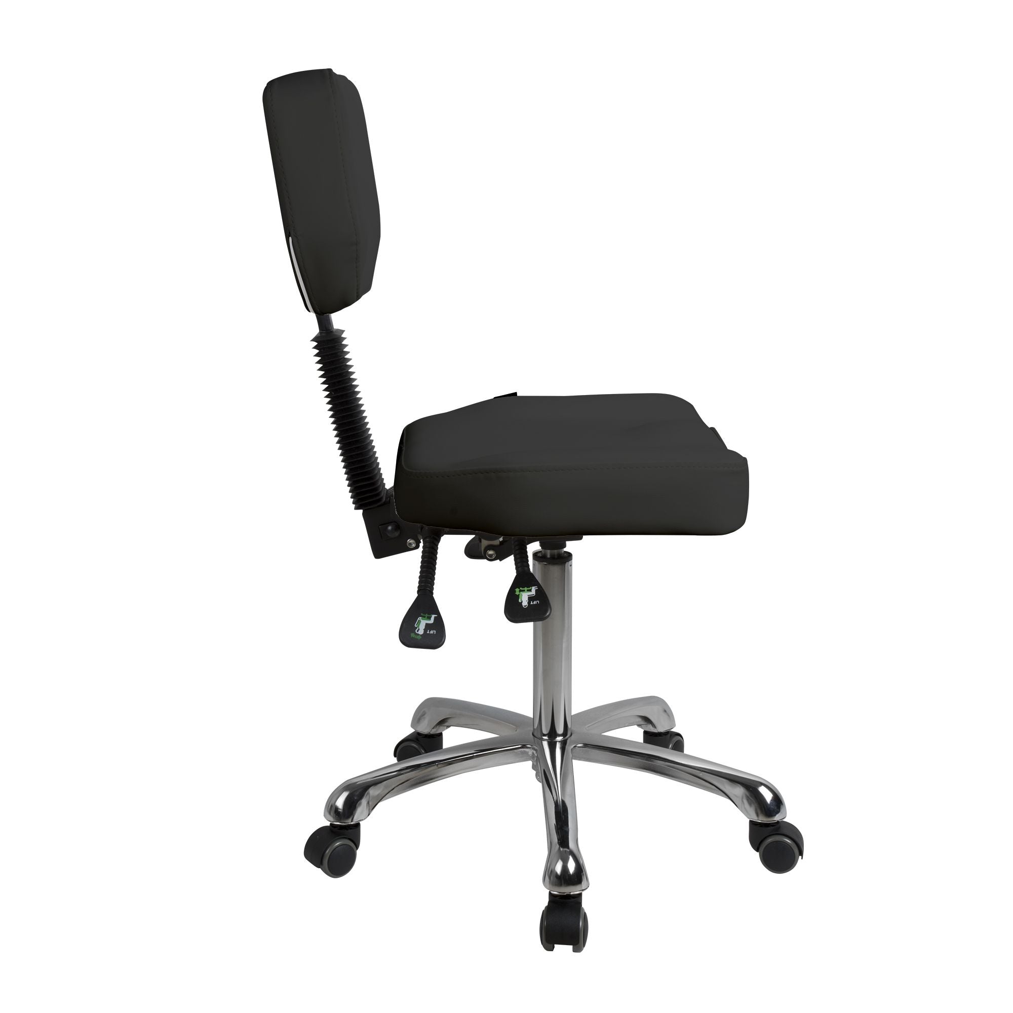 Side view of Silverfox America 1030 Stool with adjustable seat, backrest, and caster wheels.