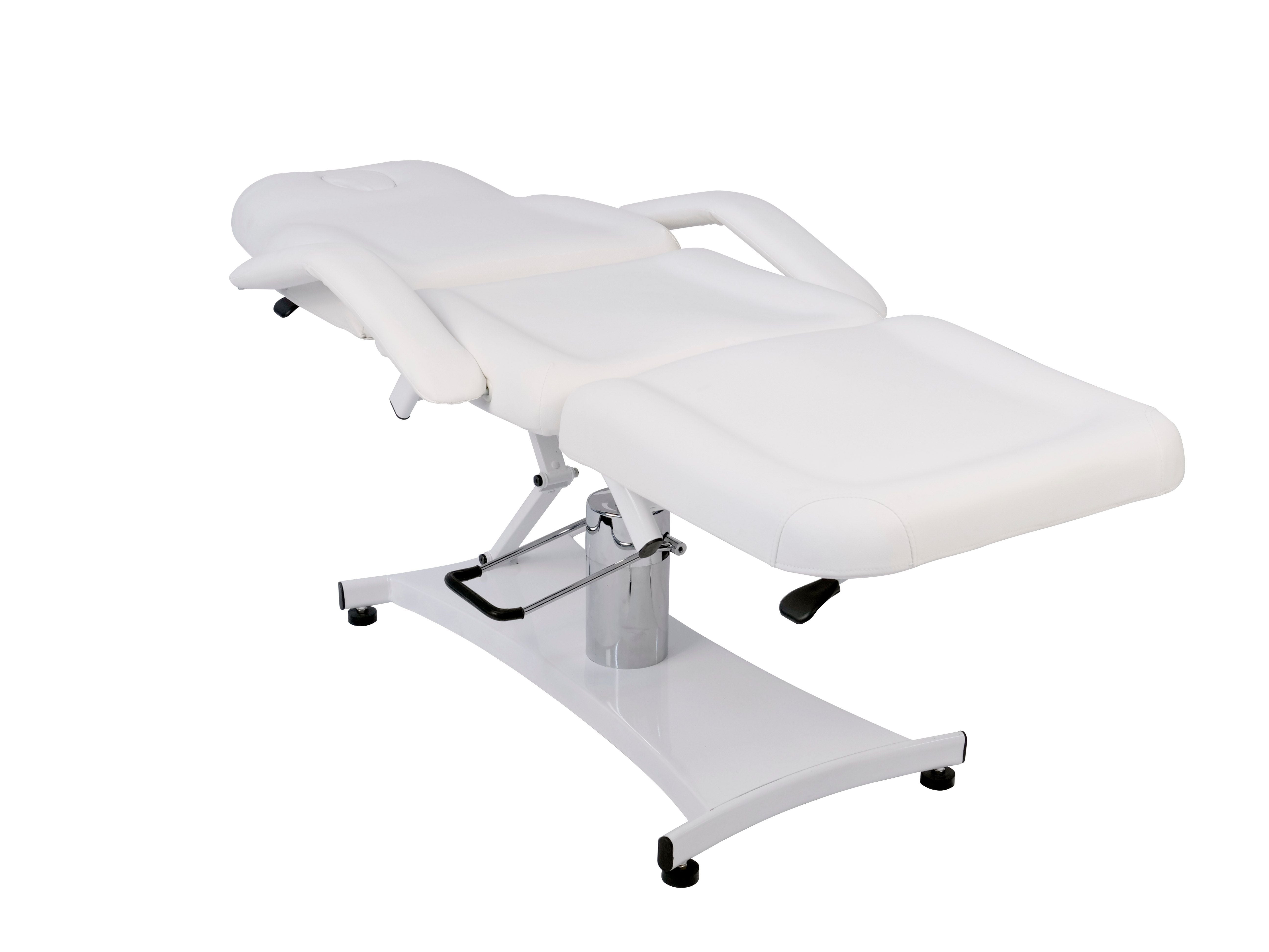 Silverfox America 2206A hydraulic bed with armrests on metal base, white color, isolated.