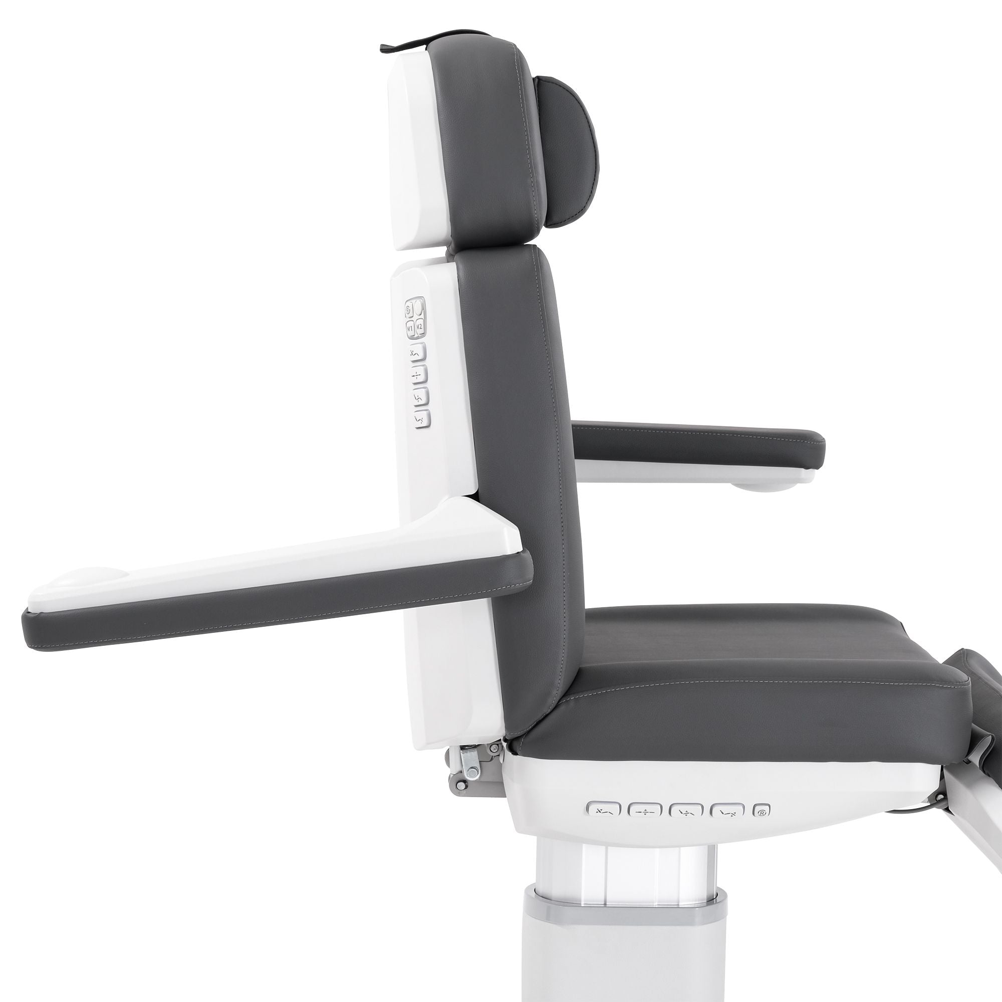 Side view of Silverfox America 2222BN Electric Massage Table with adjustable arms and headrest.