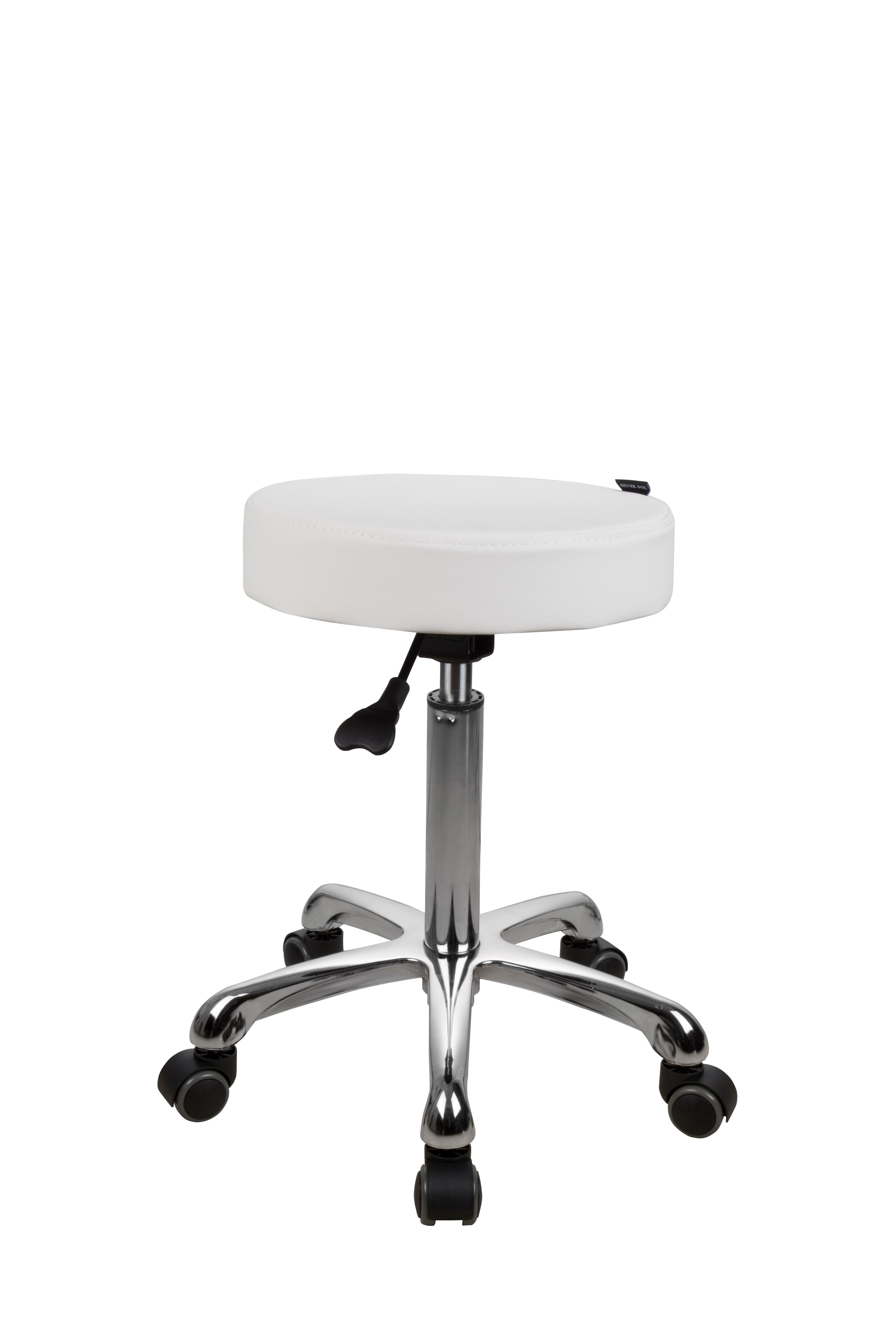 Silverfox America 1023A: White round adjustable stool with chrome legs and five wheels.