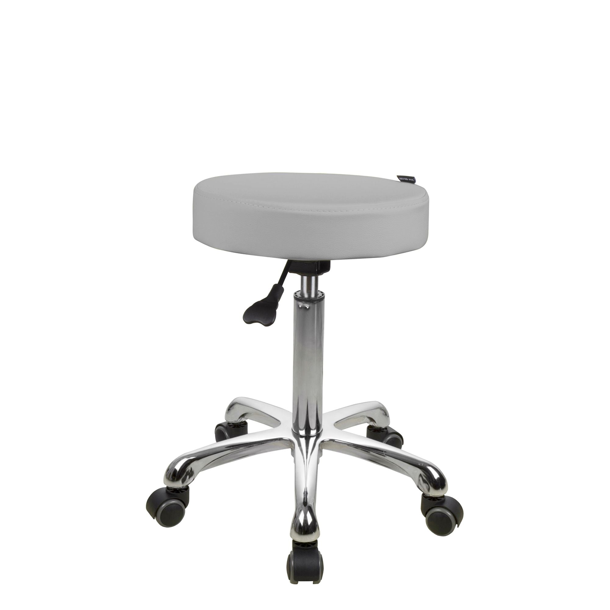 Silverfox America 1023A ergonomic gray stool on wheels with chrome base, front view.