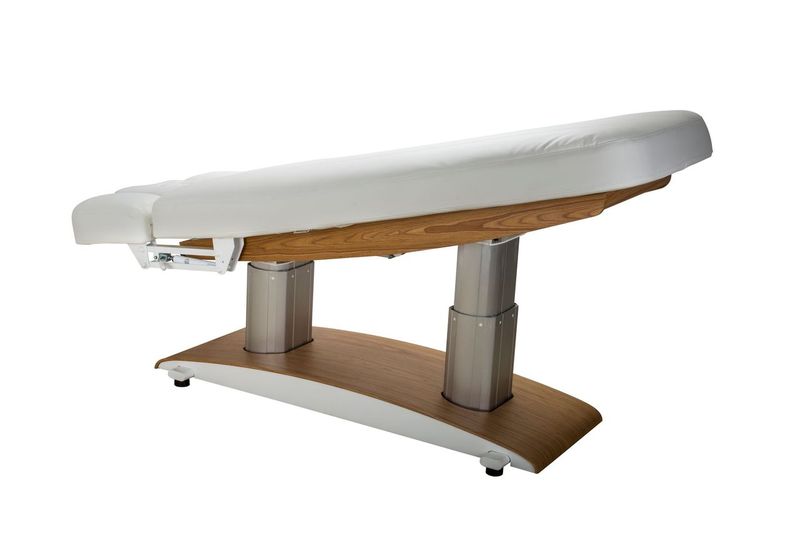 Silverfox America 2259Plus electric massage table with white top and wooden base.