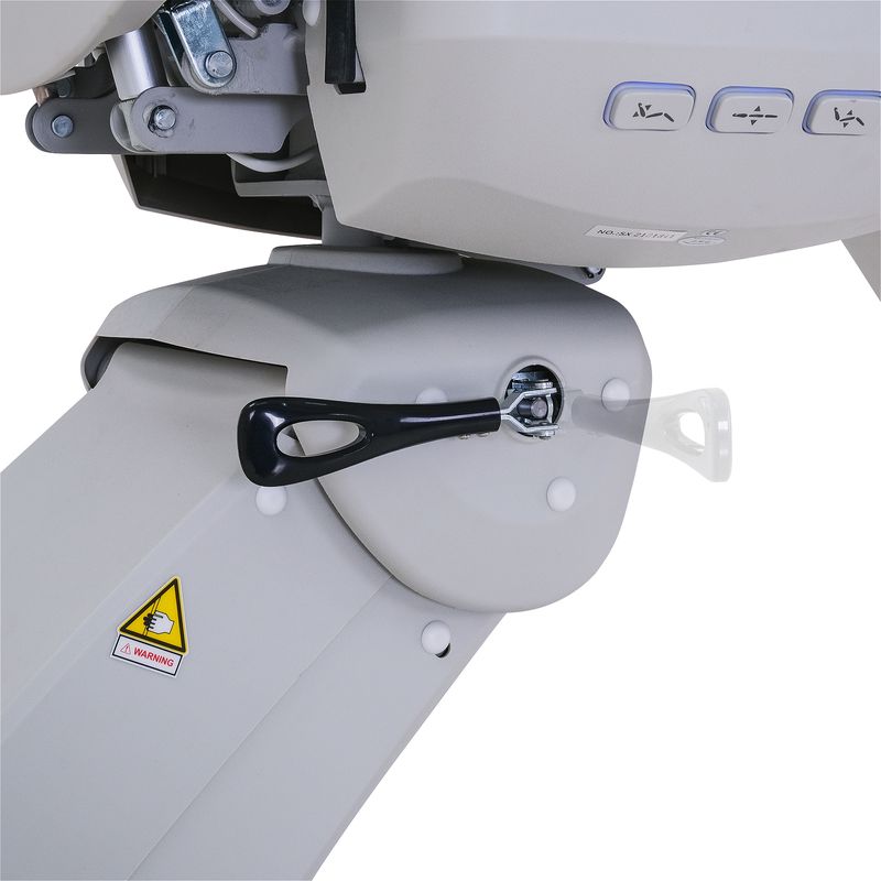 Close-up of black lever joint on Silverfox America 2246BN Electric Massage Chair, warning label visible.