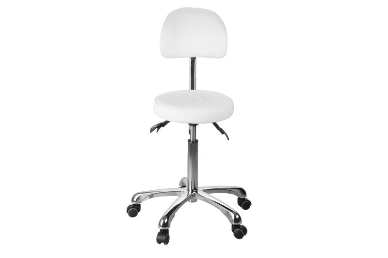 Silverfox America 1025B Stool: White rolling office chair with adjustable height and backrest.
