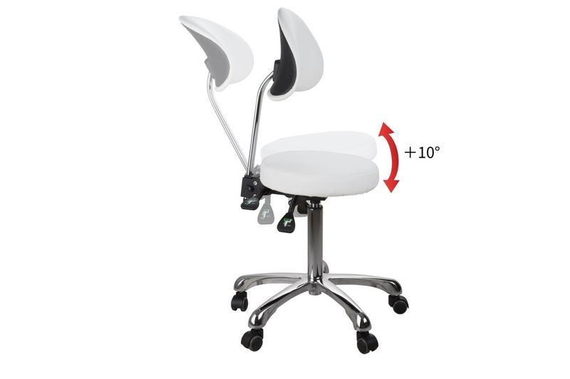 Silverfox America 1025B Stool with split backrest tilted backward by 10 degrees.