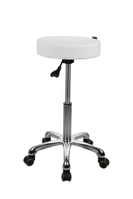 Silverfox America 1023A Stool: ergonomic, chrome base, 5 casters, white finish.