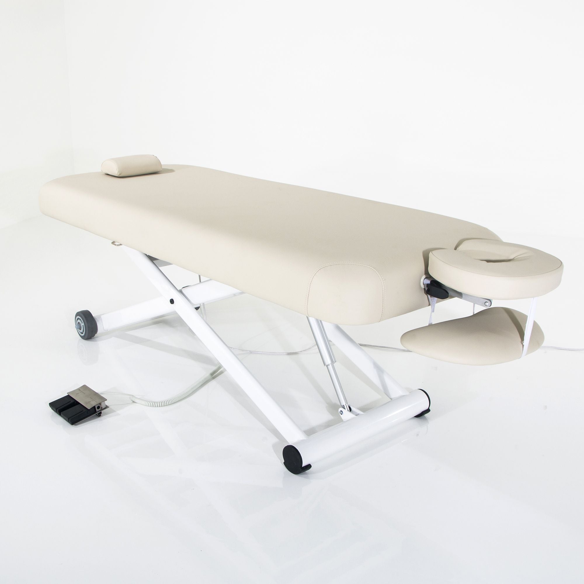 Silverfox America 2274 Electric Massage Table with beige padding and adjustable headrest.
