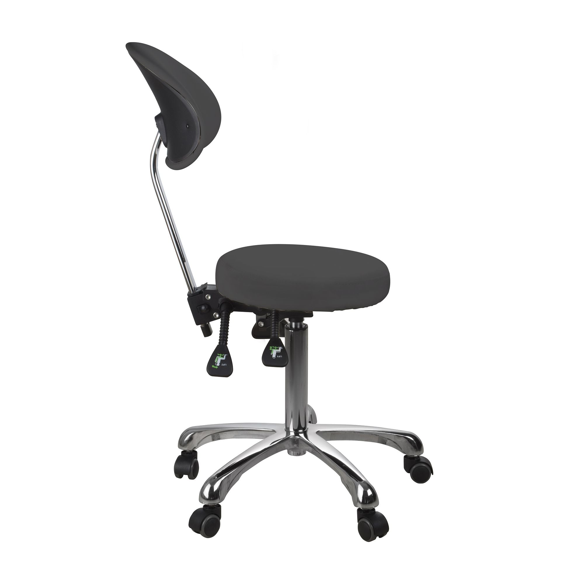 Silverfox America 1025B black adjustable office stool with backrest and wheels, side view.