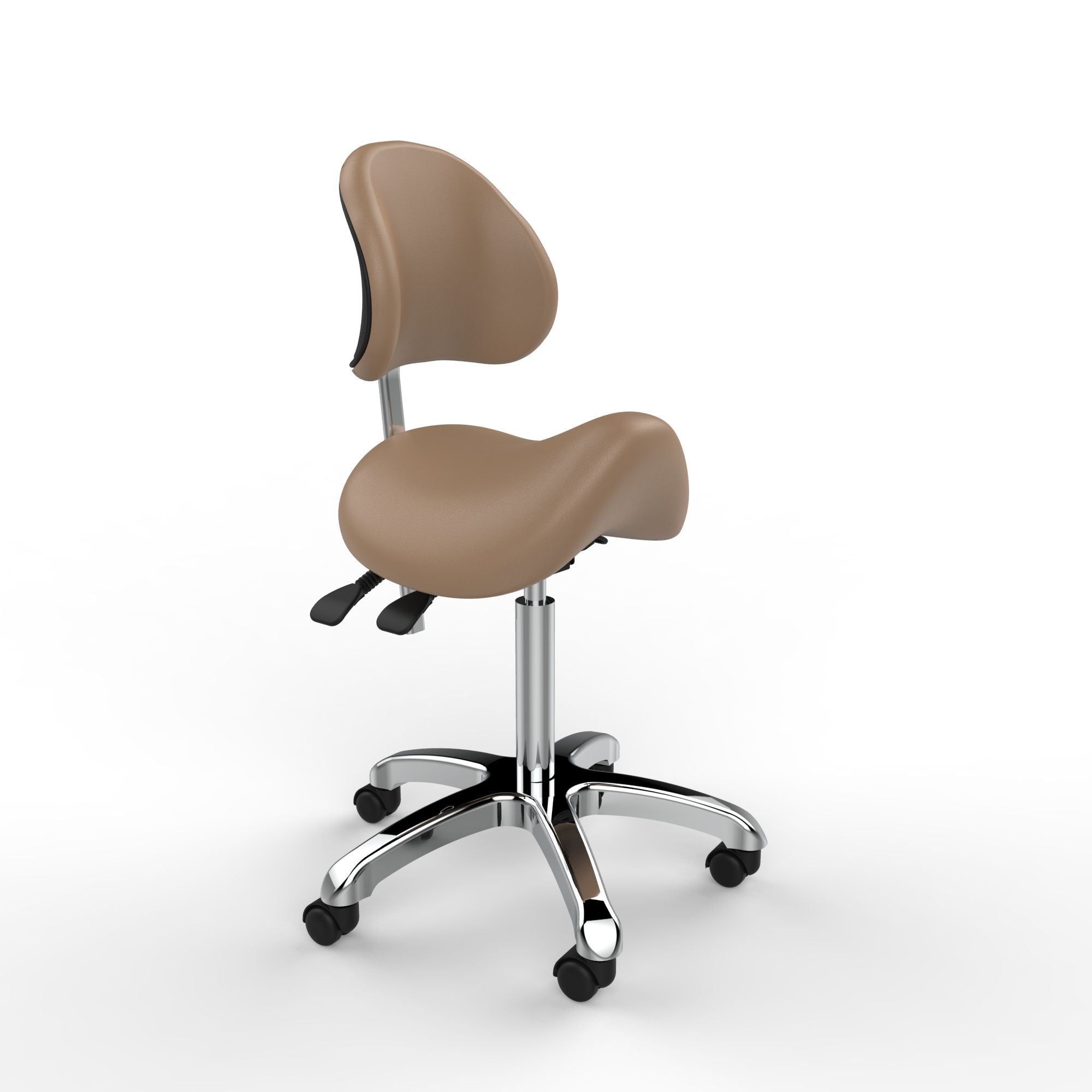 Silverfox America 1025A Stool: ergonomic saddle seat with backrest, chrome base, and wheels.