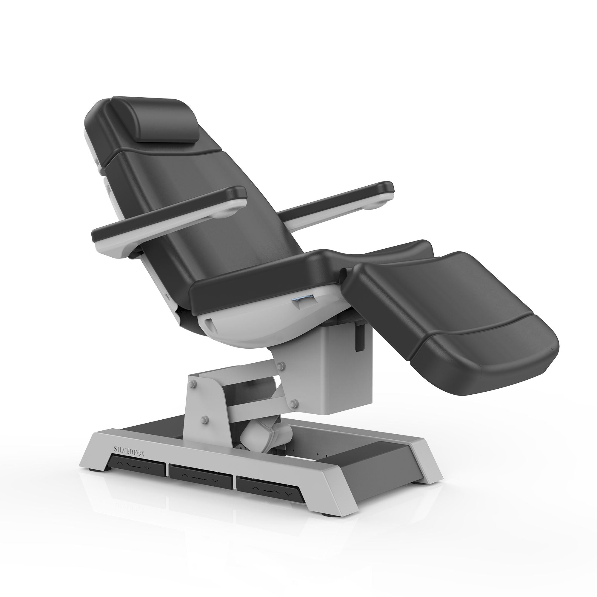 Silverfox America 2220D Electric Massage Table with armrests and leg support, black finish.