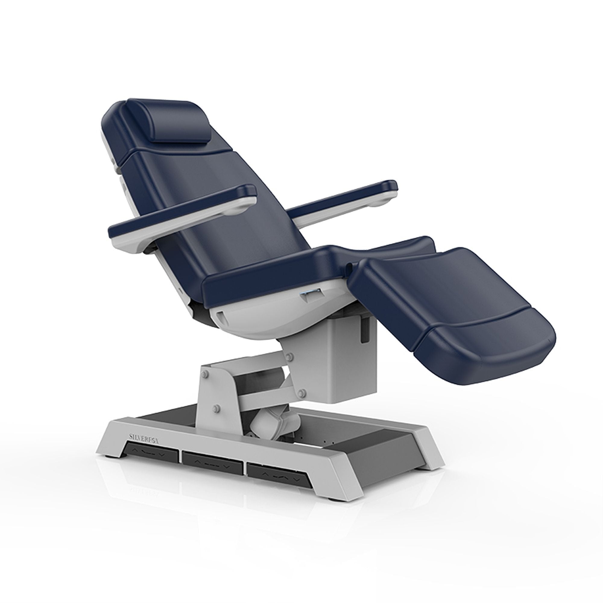 Silverfox America 2220D Electric Massage Table with blue cushions and a sturdy white base.