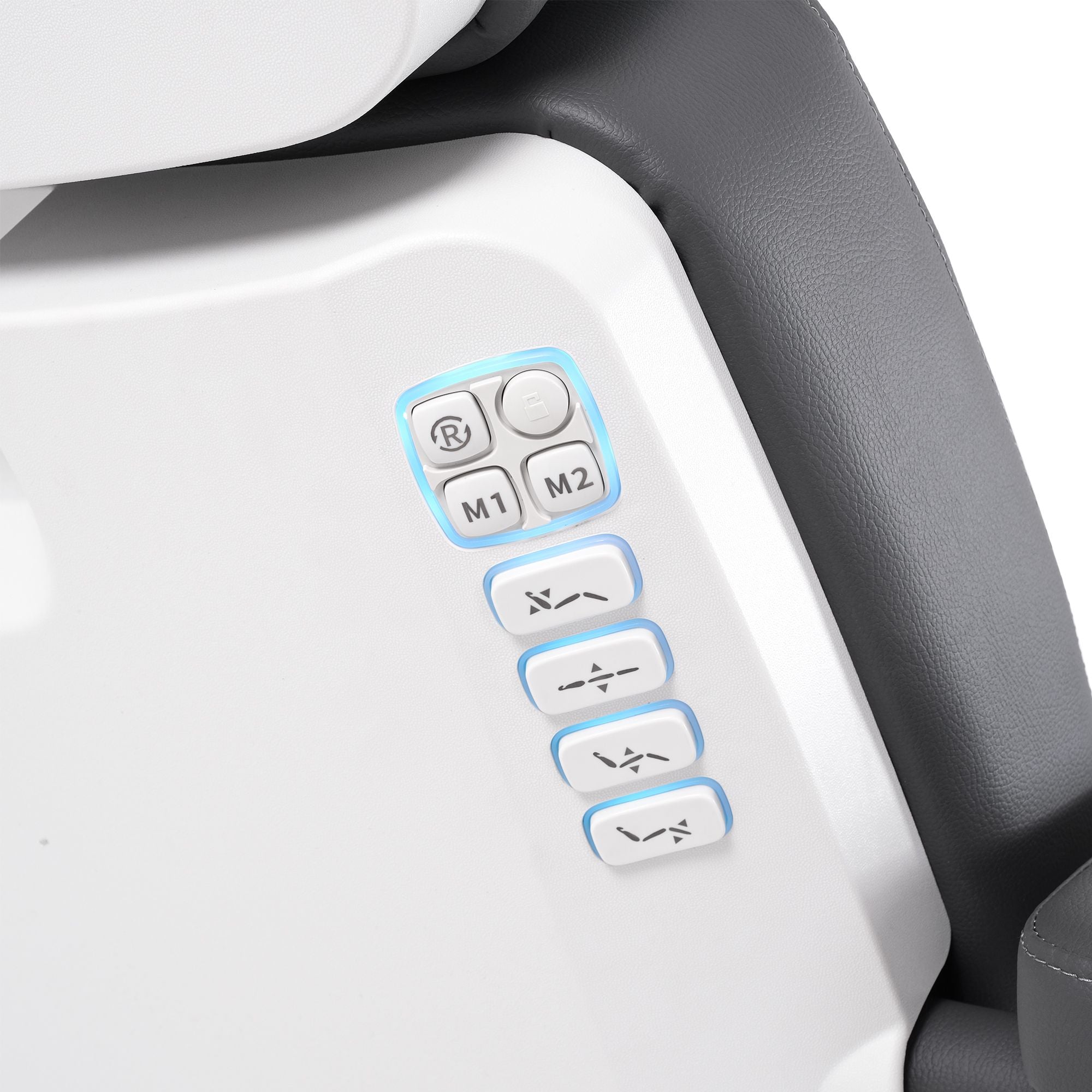 Close-up of control buttons on the Silverfox America 2222BN Electric Massage Table.