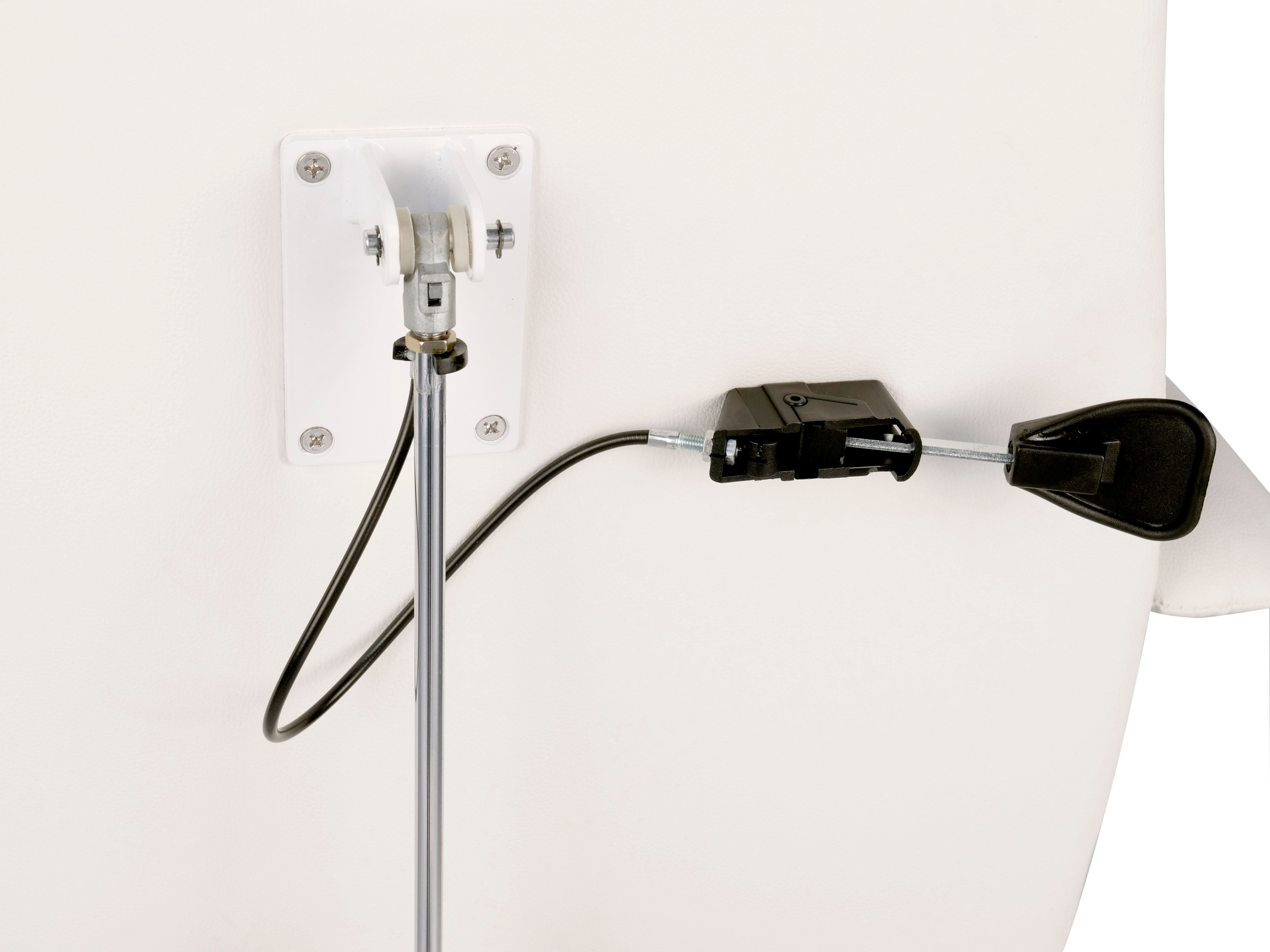 Close-up of a cable lock on a pole next to Silverfox America 2206A Hydraulic bed's white surface.