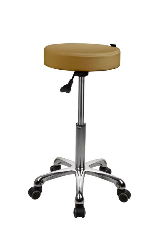 Silverfox America 1023A beige round stool with ergonomic seat, chrome base, and five wheels.