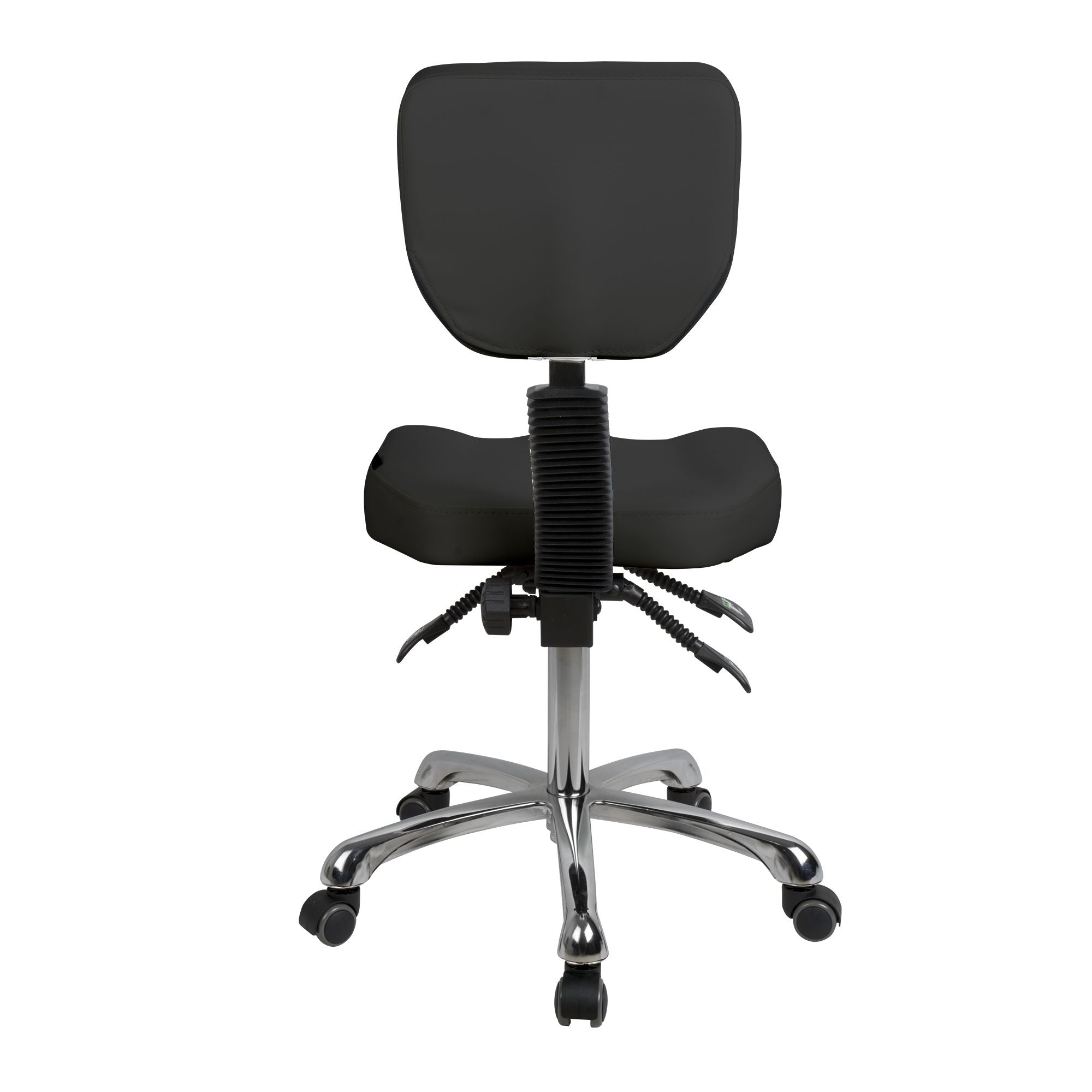 Silverfox America 1030 ergonomic stool with chrome base and casters, rear view.