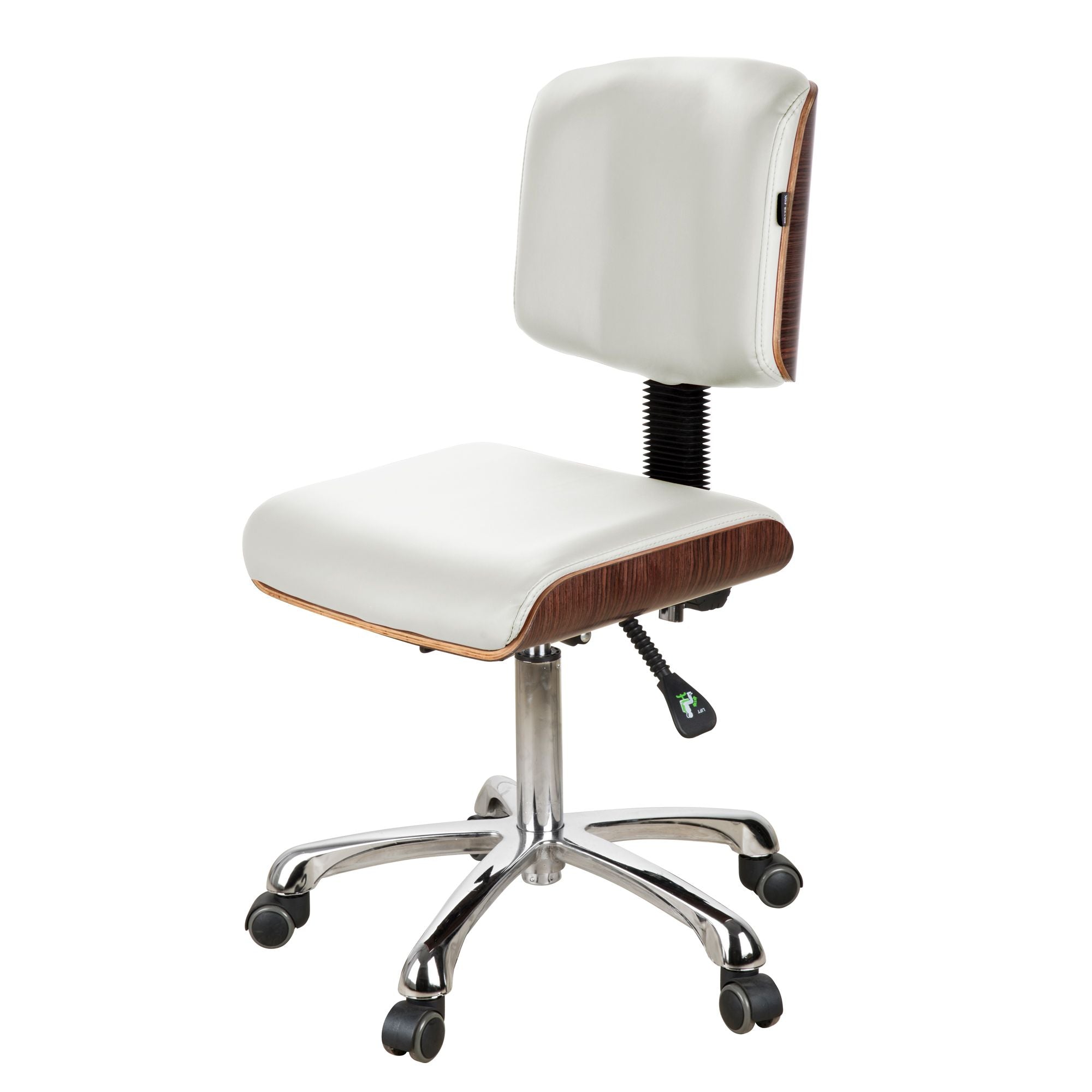 Silverfox America 1071 Stool with cushioned seat and wheeled metal base.