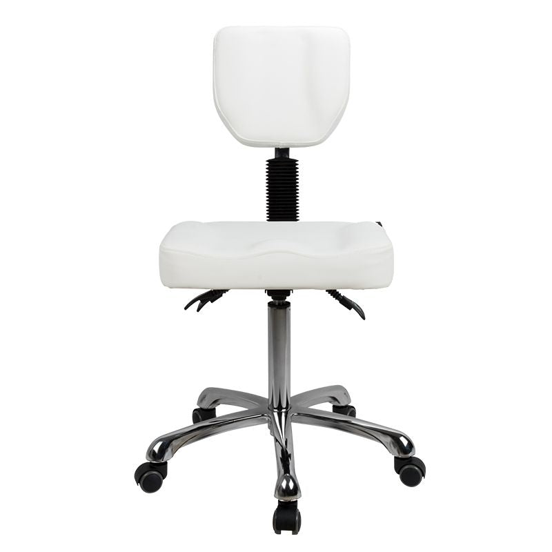 White ergonomic stool with adjustable height and chrome base, Silverfox America 1030.