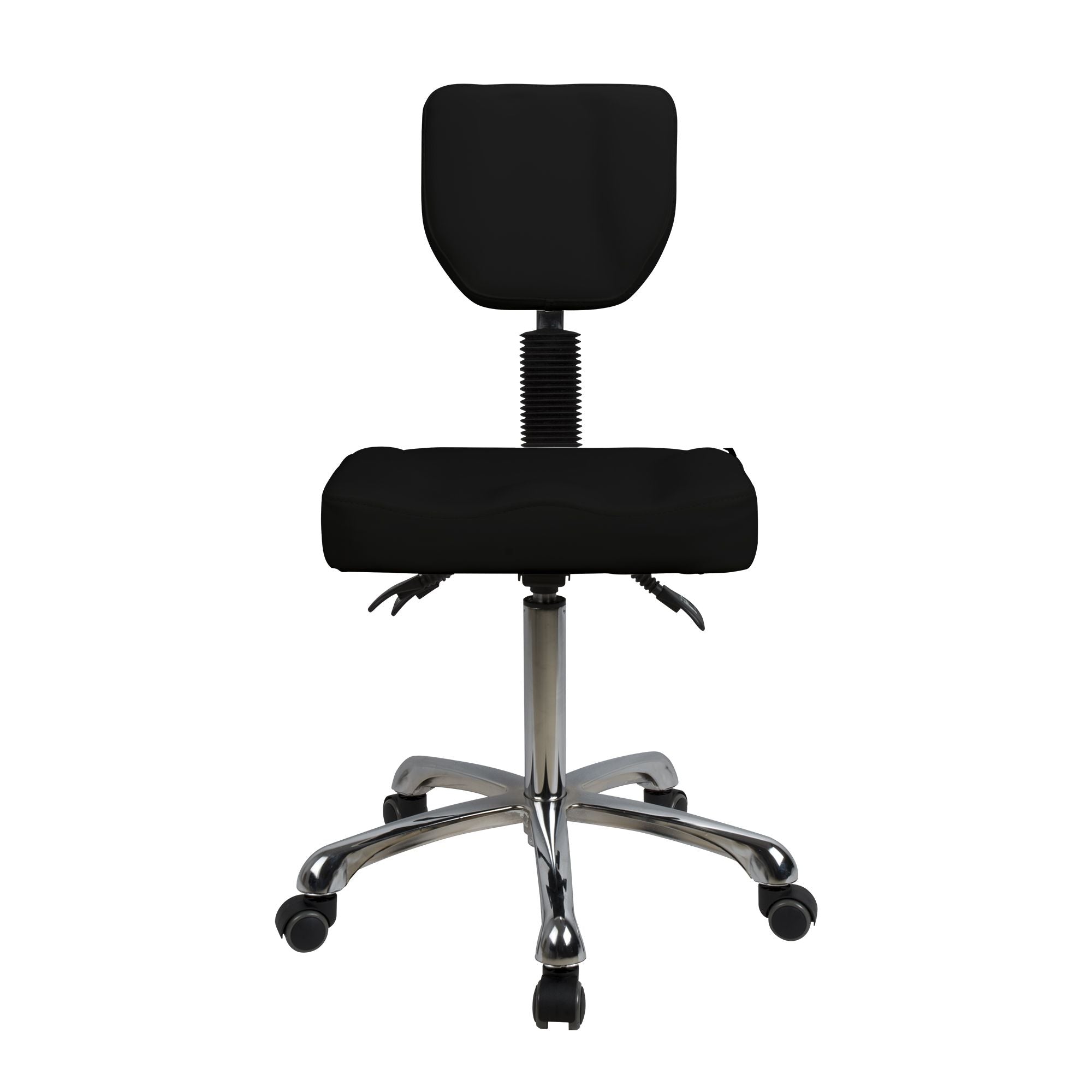 Silverfox America 1030 Stool: ergonomic, adjustable seat/back, five-wheel metal base.